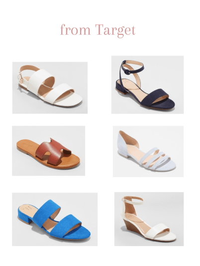 compilation of strappy and slide sandals from Target
