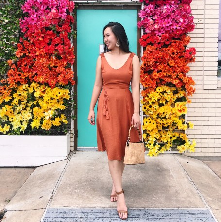 Rust dress with wooden bag