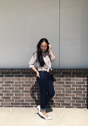 Woman wearing taupe button up from HM, Gap Jeans, and White Jessica Simpson Heels